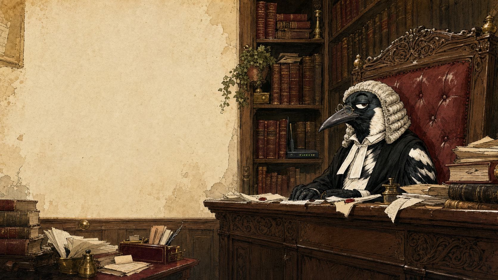 Justice Magpie presiding in an old English law library